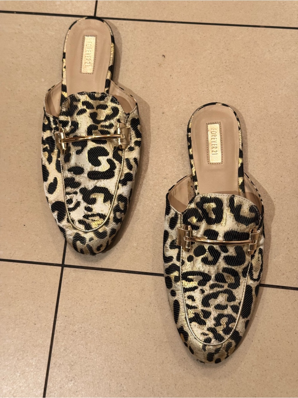 Forever 21 Metallic Gold and Black Leopard-Print Slip-On Mules